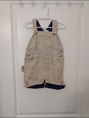 Y2K Gymboree Beige Patterned Short Overalls with Navy Trim 18-24m